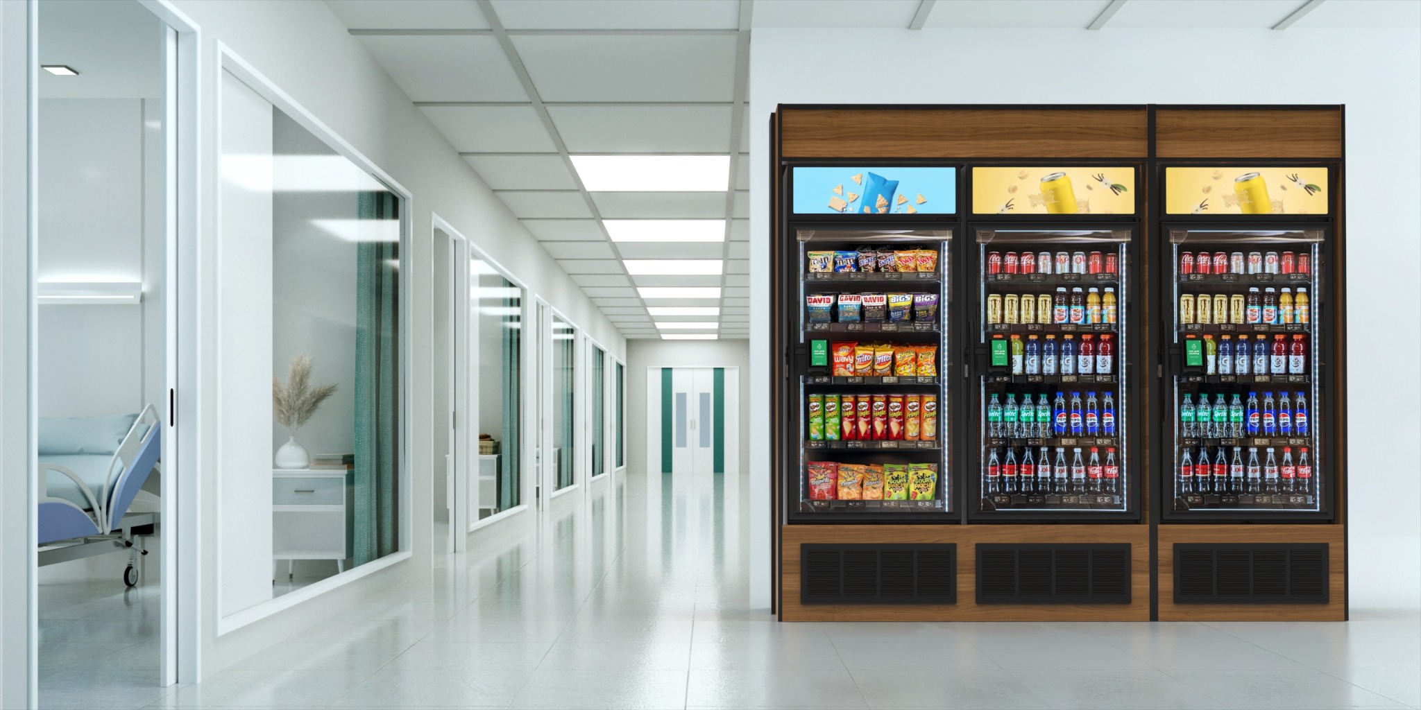 Two fully stocked Micromart vending machines in a bright, modern office interior